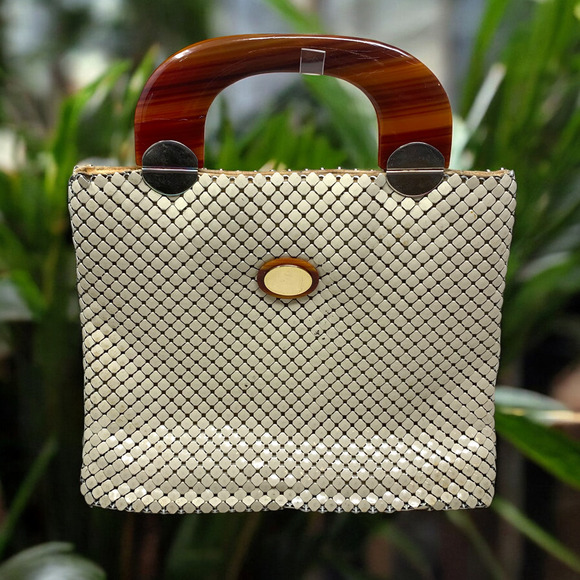 Vintage Whiting & Davis Tortoiseshell Top Handle Ecru Metal Mesh Tote Bag Purse